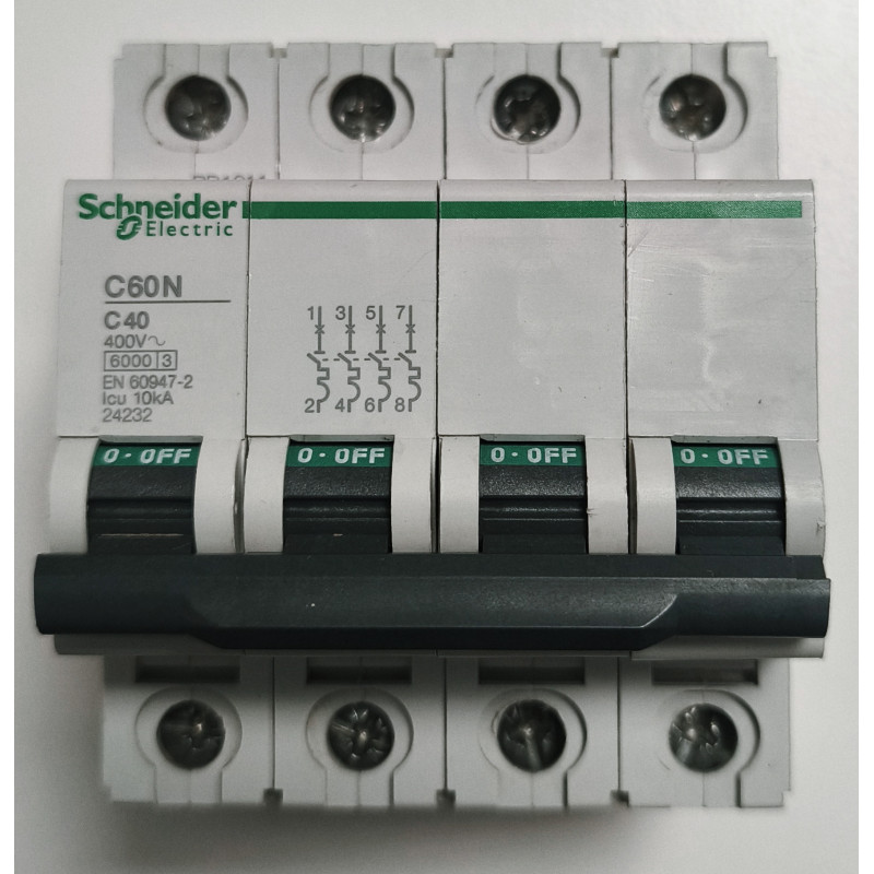 Disjoncteur modulaire tétrapolaire Schneider Electric C60N 4P 40A Courbe C 24232