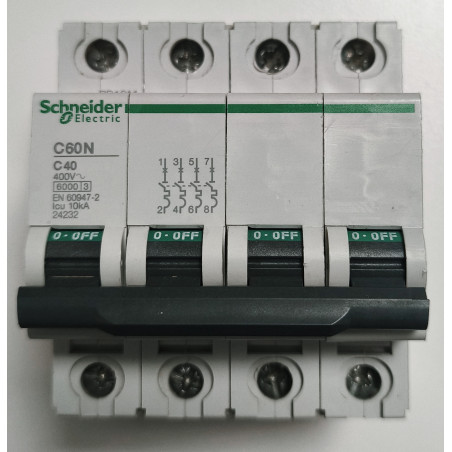 Disjoncteur modulaire tétrapolaire Schneider Electric C60N 4P 40A Courbe C 24232