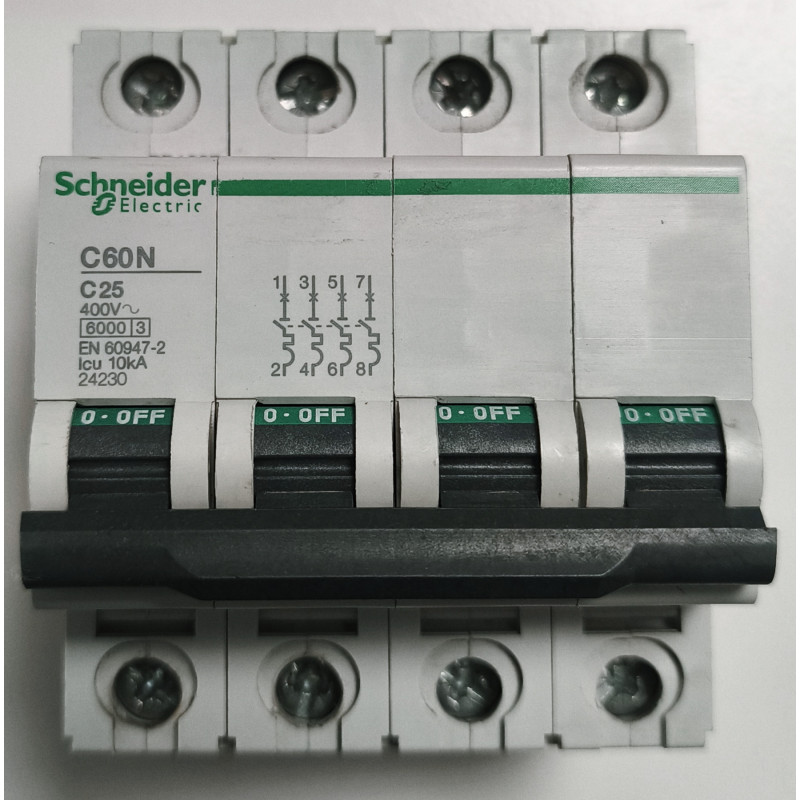 Disjoncteur modulaire tétrapolaire Schneider Electric C60N 4P 25A Courbe C 24230