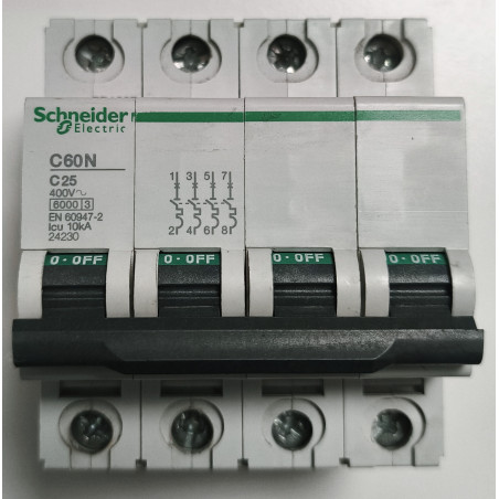 Disjoncteur modulaire tétrapolaire Schneider Electric C60N 4P 25A Courbe C 24230