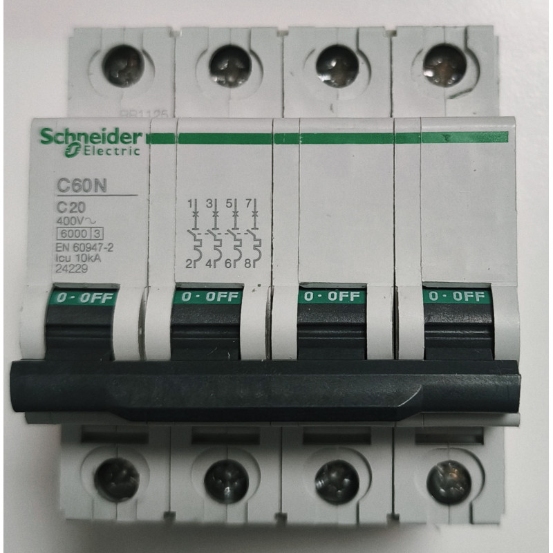 Disjoncteur modulaire tétrapolaire Schneider Electric C60N 4P 20A Courbe C 24229