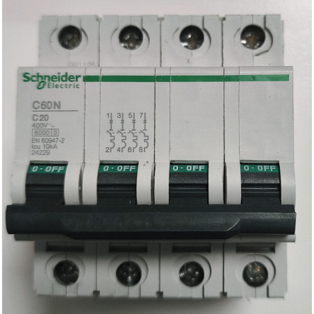 Disjoncteur modulaire tétrapolaire Schneider Electric C60N 4P 20A Courbe C 24229