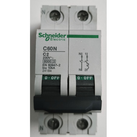 Disjoncteur modulaire bipolaire Schneider Electric C60N 1P+N 2A Courbe C 24184